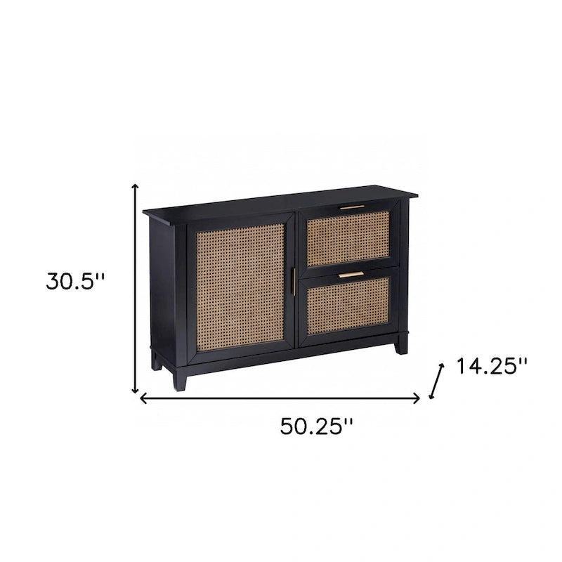 Bahut en bois massif noir avec 2 tiroirs et portes en rotin – 50,25 larg. x 30,5 haut. x 14,25 prof.