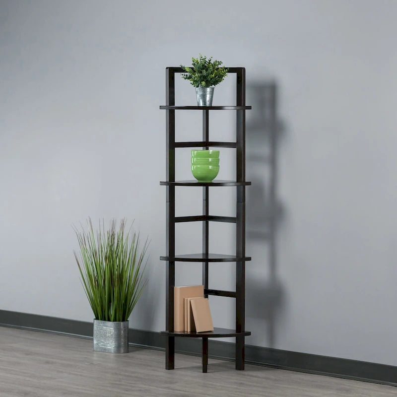 Étagère d'angle pour boulangerie à 4 niveaux en bois massif – Fini café, 13,8 po L x 63,5 po H, 20 lb par tablette