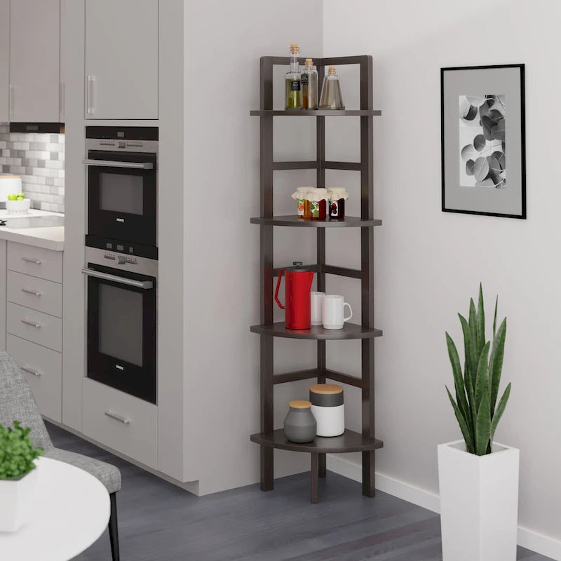 Étagère d'angle pour boulangerie à 4 niveaux en bois massif – Fini café, 13,8 po L x 63,5 po H, 20 lb par tablette