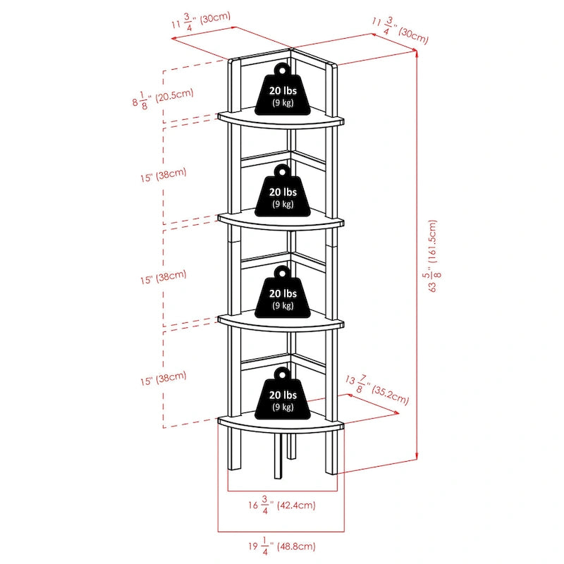 Étagère d'angle pour boulangerie à 4 niveaux en bois massif – Fini café, 13,8 po L x 63,5 po H, 20 lb par tablette