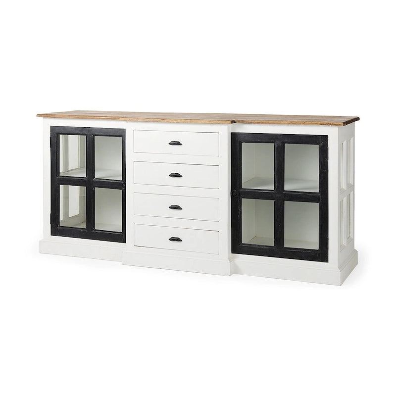 Buffet de ferme blanc en manguier massif avec portes vitrées et 4 tiroirs – 75L x 20.8W x 34.3H