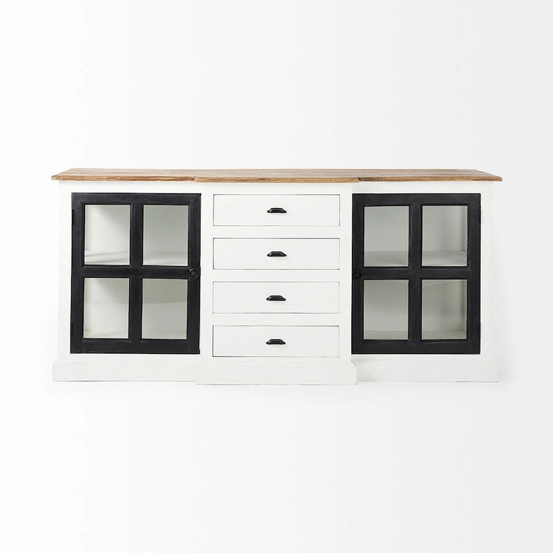 Buffet de ferme blanc en manguier massif avec portes vitrées et 4 tiroirs – 75L x 20.8W x 34.3H