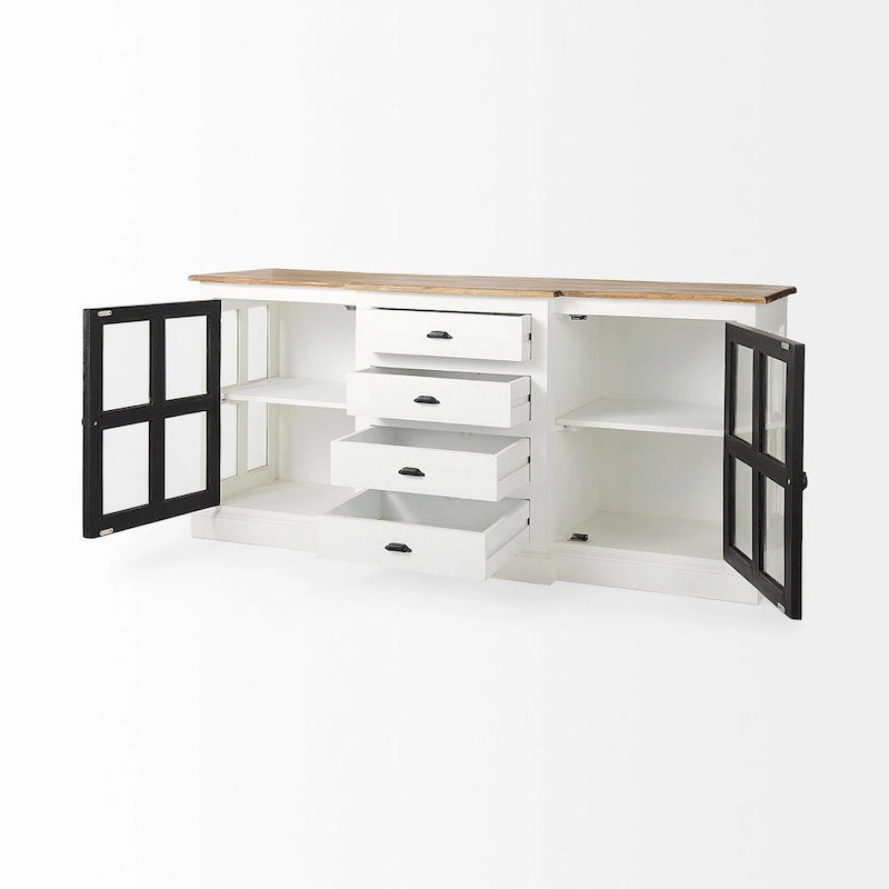 Buffet de ferme blanc en manguier massif avec portes vitrées et 4 tiroirs – 75L x 20.8W x 34.3H