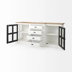Buffet de ferme blanc en manguier massif avec portes vitrées et 4 tiroirs – 75L x 20.8W x 34.3H