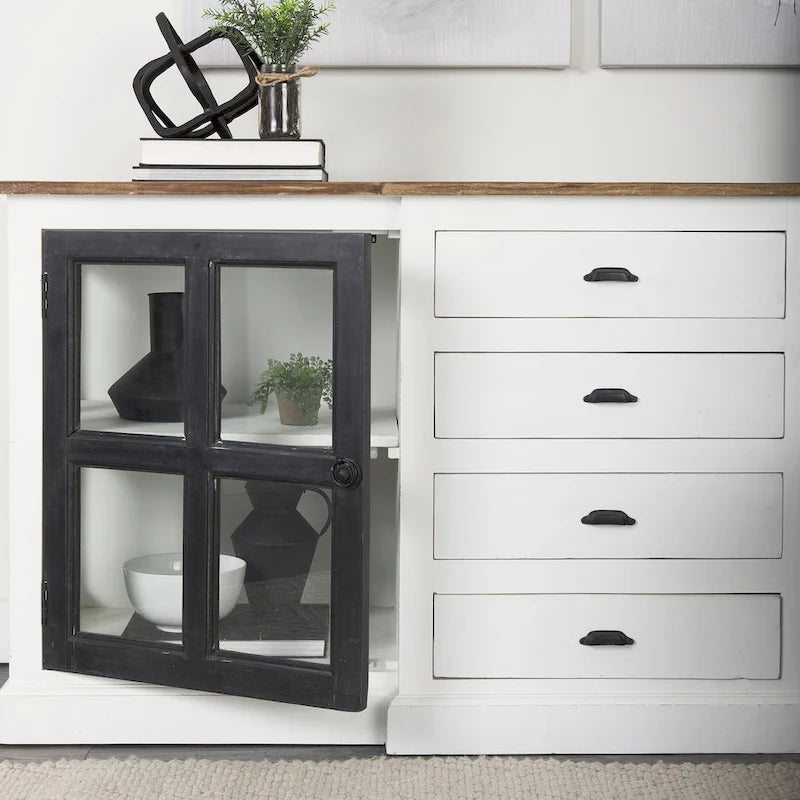 Buffet de ferme blanc en manguier massif avec portes vitrées et 4 tiroirs – 75L x 20.8W x 34.3H