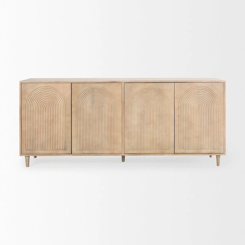 Light Brown Solid Wood Sideboard with Engraved Arched Doors – 72L x 15W x 30H, Gray Wash
