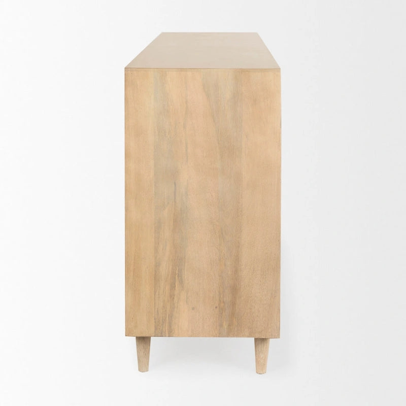 Light Brown Solid Wood Sideboard with Engraved Arched Doors – 72L x 15W x 30H, Gray Wash