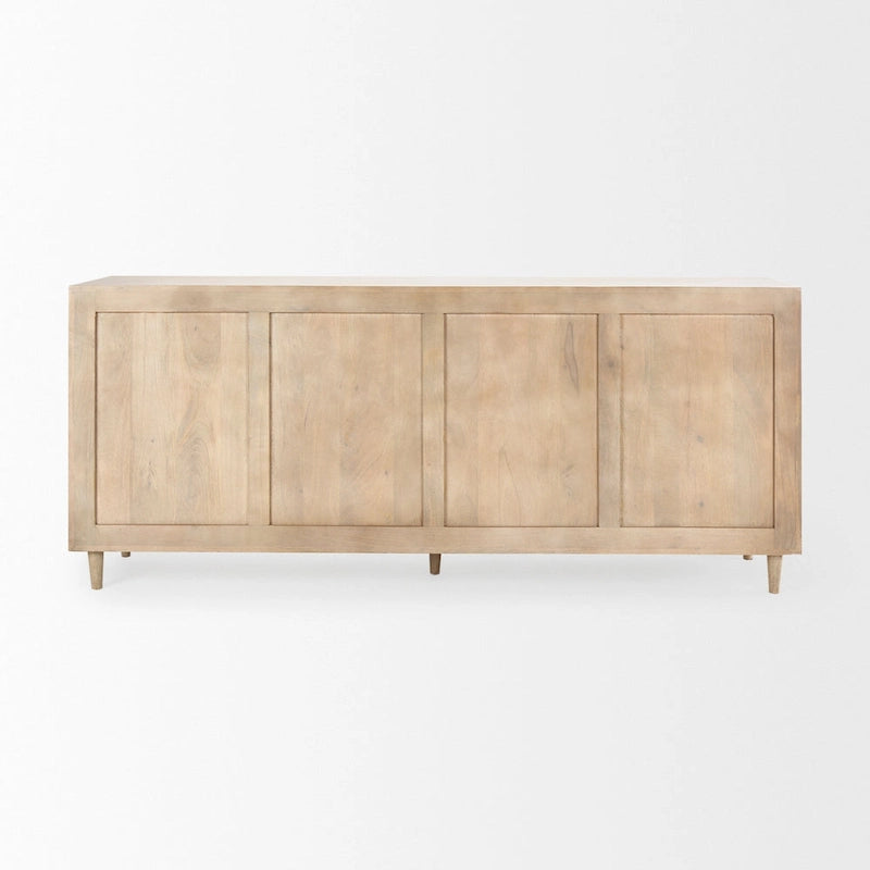 Light Brown Solid Wood Sideboard with Engraved Arched Doors – 72L x 15W x 30H, Gray Wash