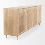 Light Brown Solid Wood Sideboard with Engraved Arched Doors – 72L x 15W x 30H, Gray Wash