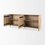 Light Brown Solid Wood Sideboard with Engraved Arched Doors – 72L x 15W x 30H, Gray Wash