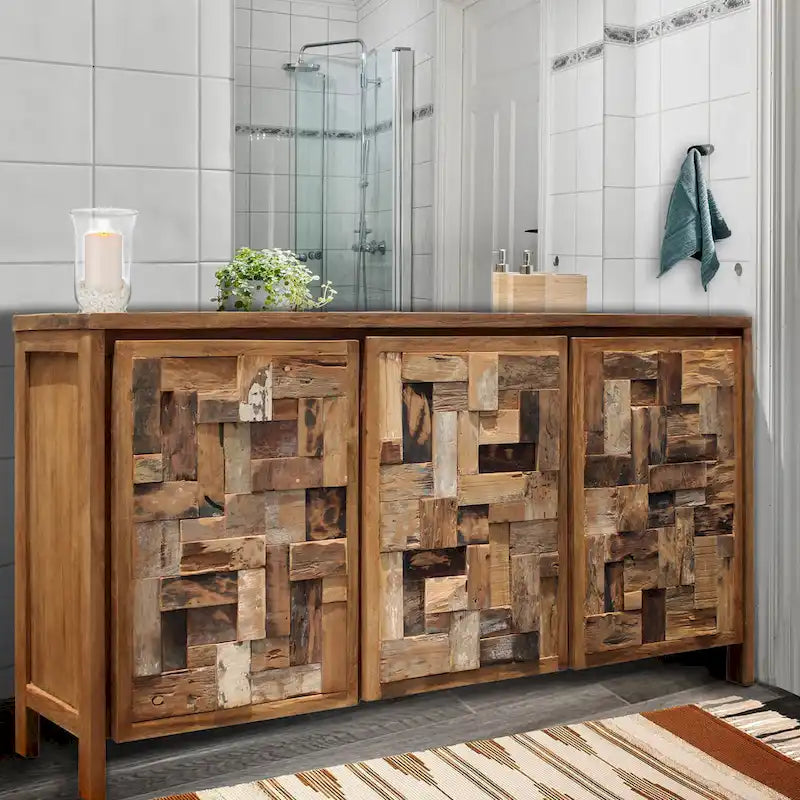 Meuble de salle de bain en teck recyclé avec 3 portes – Écologique, 71L x 33H, Fait main