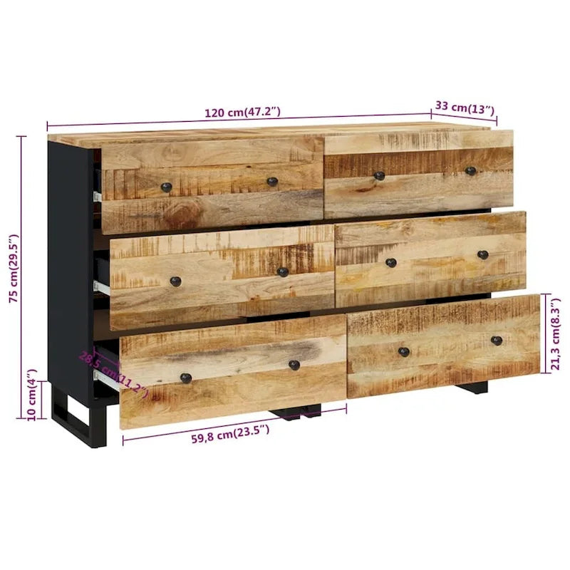 Industrial Solid Mango Wood Sideboard with Drawers – 23.6W x 13D x 29.5H, Black Frame