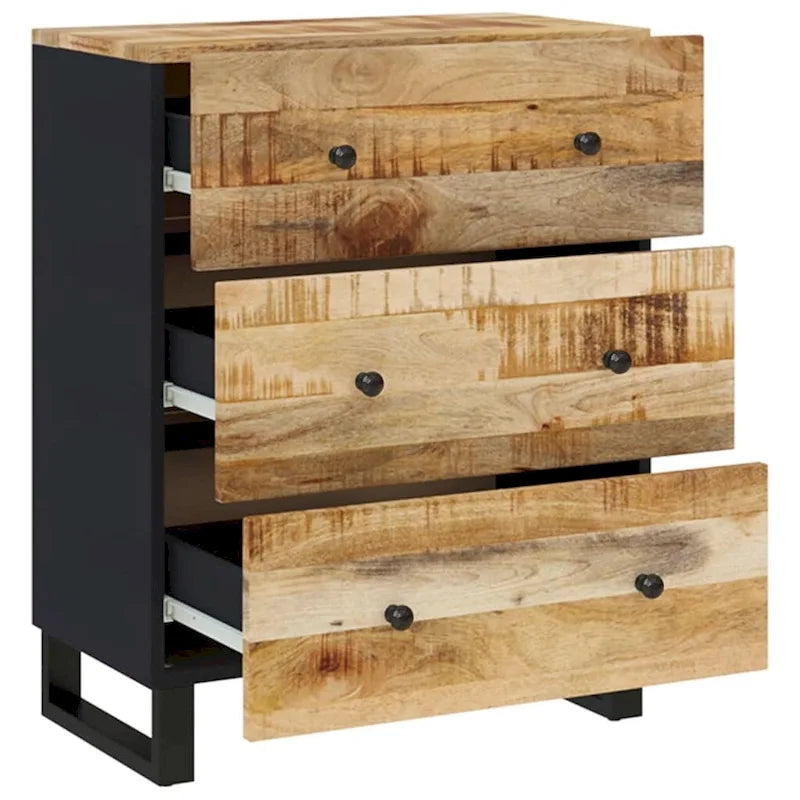 Industrial Solid Mango Wood Sideboard with Drawers – 23.6W x 13D x 29.5H, Black Frame