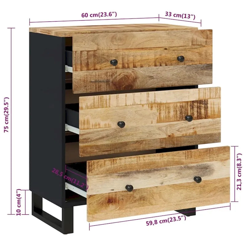 Industrial Solid Mango Wood Sideboard with Drawers – 23.6W x 13D x 29.5H, Black Frame