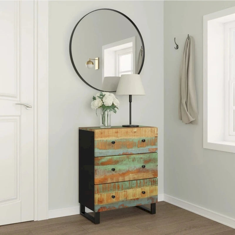 Industrial Solid Mango Wood Sideboard with Drawers – 23.6W x 13D x 29.5H, Black Frame