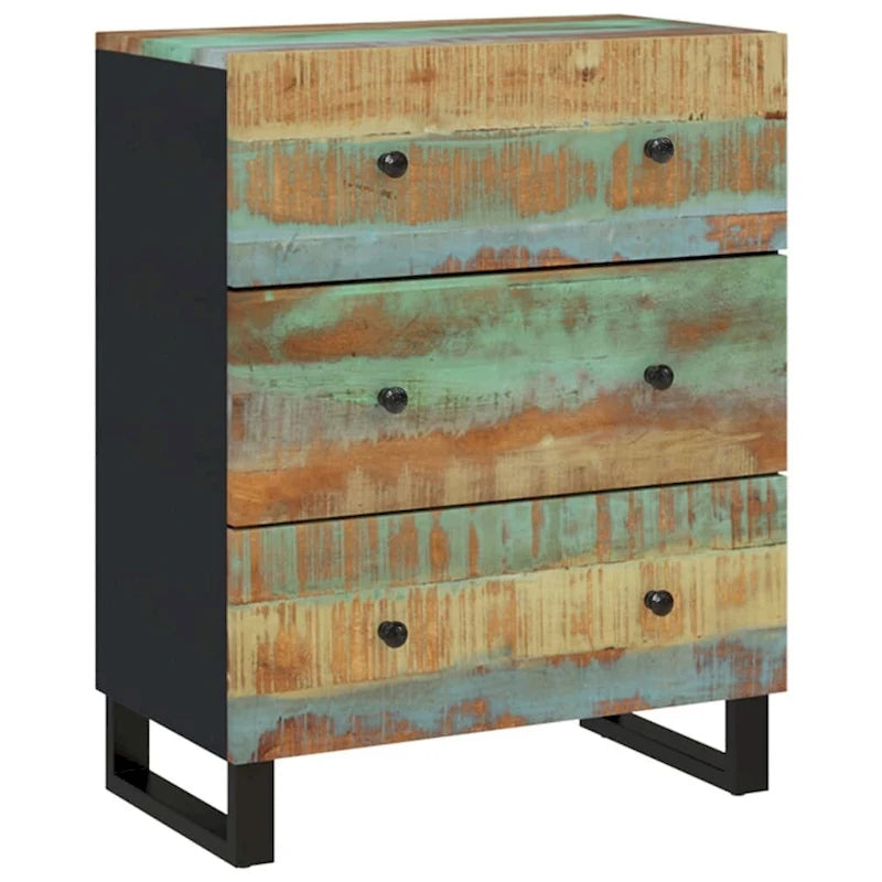 Industrial Solid Mango Wood Sideboard with Drawers – 23.6W x 13D x 29.5H, Black Frame