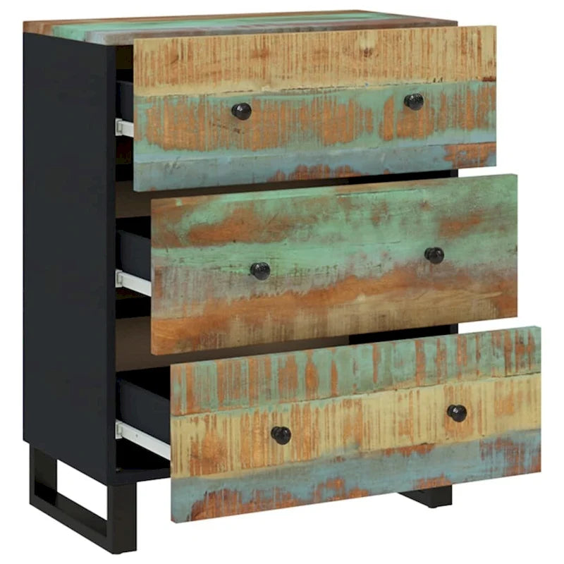 Industrial Solid Mango Wood Sideboard with Drawers – 23.6W x 13D x 29.5H, Black Frame
