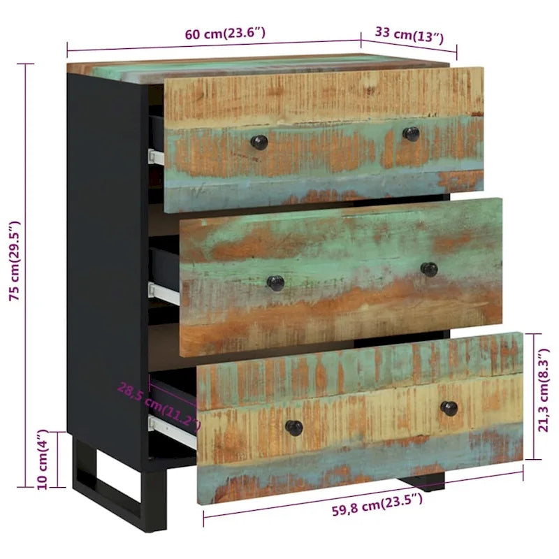Industrial Solid Mango Wood Sideboard with Drawers – 23.6W x 13D x 29.5H, Black Frame