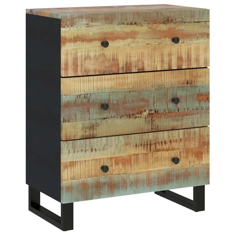 Industrial Solid Mango Wood Sideboard with Drawers – 23.6W x 13D x 29.5H, Black Frame