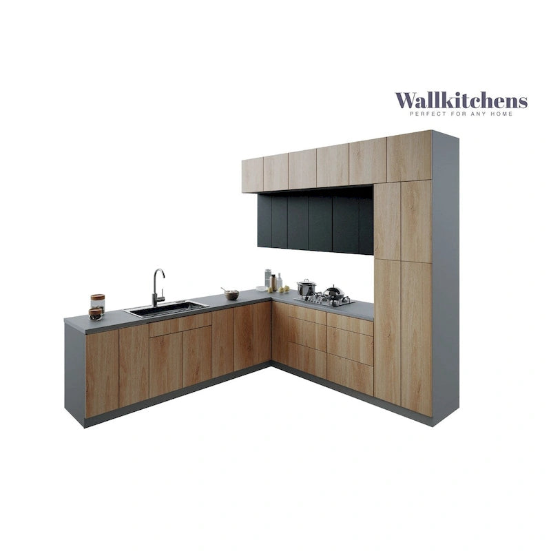 Ensemble de Meubles de Cuisine Modernes de 2,75 m – Teck Naturel et Noir, Fermeture Douce, Panneaux de Particules E1, 108x24"