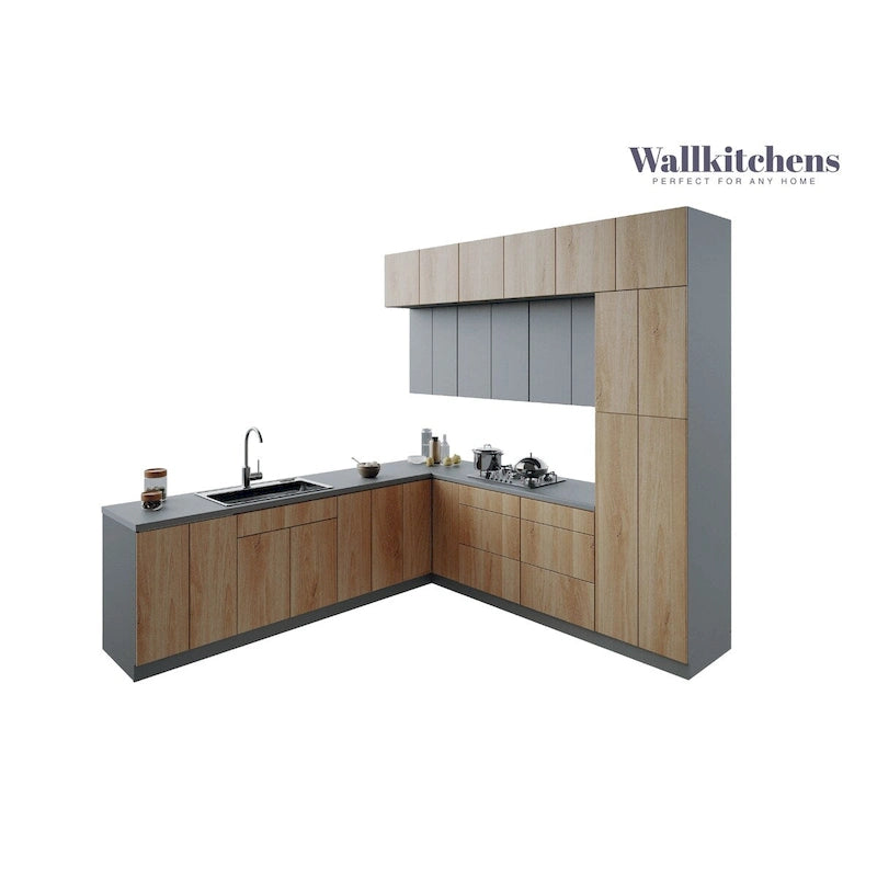 Ensemble de Meubles de Cuisine Modernes de 2,75 m – Teck Naturel et Noir, Fermeture Douce, Panneaux de Particules E1, 108x24"