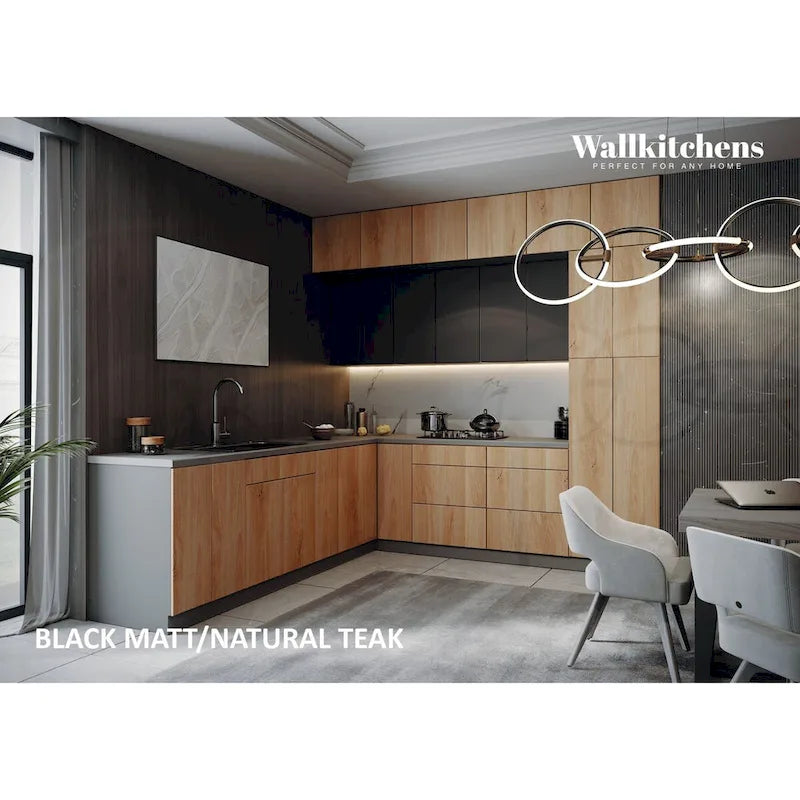Ensemble de Meubles de Cuisine Modernes de 2,75 m – Teck Naturel et Noir, Fermeture Douce, Panneaux de Particules E1, 108x24"