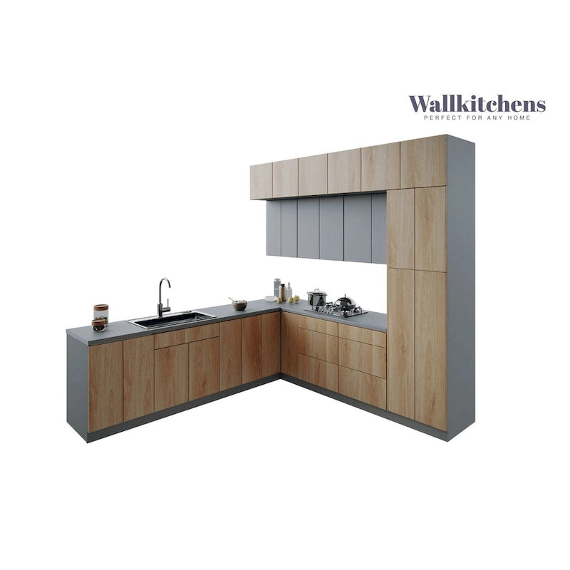 Ensemble de Meubles de Cuisine Modernes de 2,75 m – Teck Naturel et Noir, Fermeture Douce, Panneaux de Particules E1, 108x24"