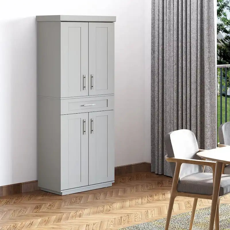 Armoire de cuisine moderne autoportante avec portes et tiroir, étagères réglables, grise