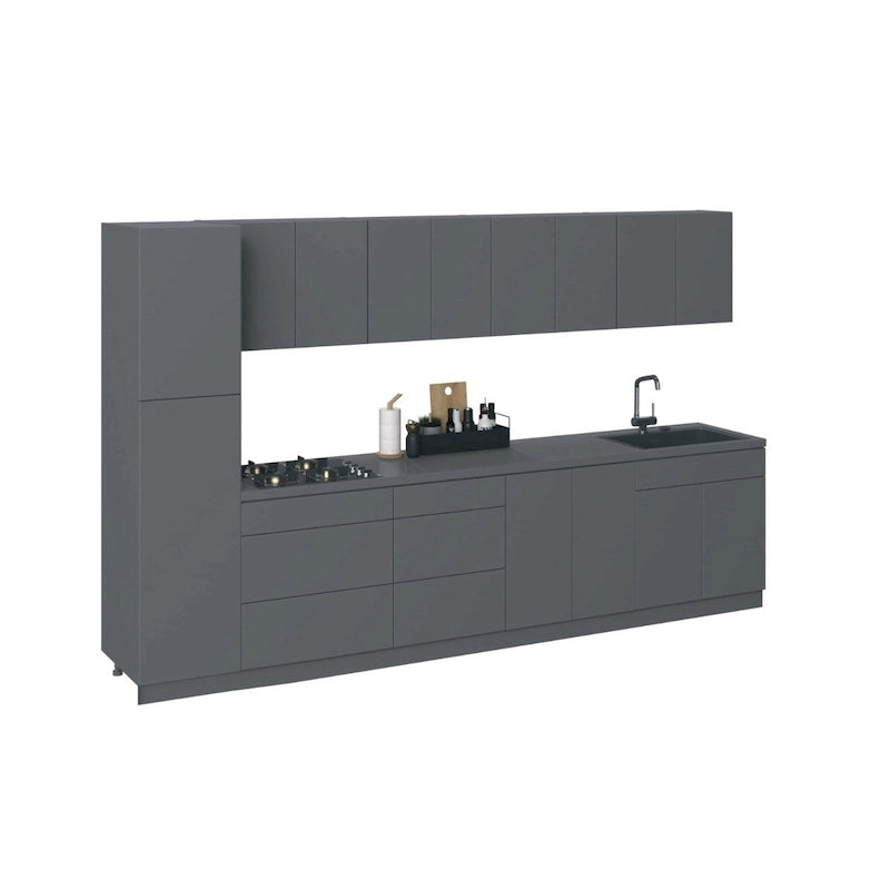 Ensemble de meubles de cuisine modernes de 11 pieds de large – Gris, portes et tiroirs à fermeture douce, panneaux de particules E1, 135 x 24"