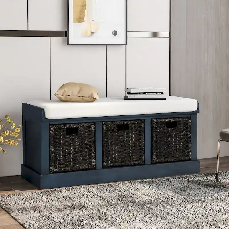 Banc de rangement rustique avec 3 paniers classiques en rotin amovibles, banc d'entrée avec coussin amovible