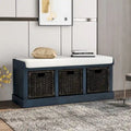 Banc de rangement rustique avec 3 paniers classiques en rotin amovibles, banc d'entrée avec coussin amovible