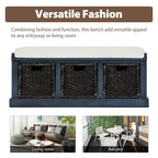 Banc de rangement rustique avec 3 paniers classiques en rotin amovibles, banc d'entrée avec coussin amovible