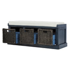 Banc de rangement rustique avec 3 paniers classiques en rotin amovibles, banc d'entrée avec coussin amovible