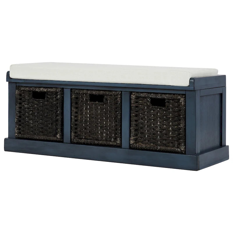 Banc de rangement rustique avec 3 paniers classiques en rotin amovibles, banc d'entrée avec coussin amovible