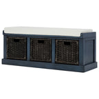 Banc de rangement rustique avec 3 paniers classiques en rotin amovibles, banc d'entrée avec coussin amovible