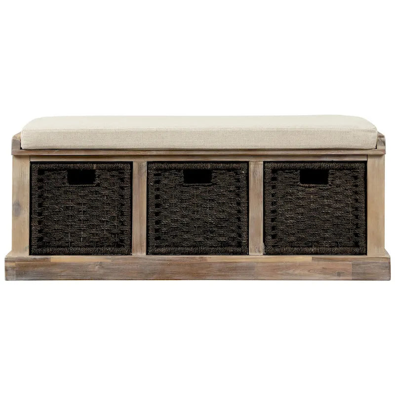 Banc de rangement rustique avec 3 paniers classiques en rotin amovibles, banc d'entrée avec coussin amovible
