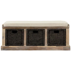 Banc de rangement rustique avec 3 paniers classiques en rotin amovibles, banc d'entrée avec coussin amovible
