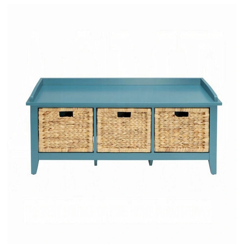 Banc rectangulaire en bois avec panier de rangement, bleu