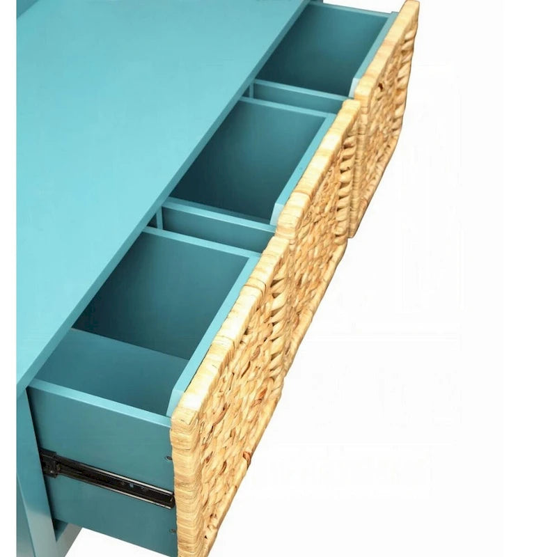 Banc rectangulaire en bois avec panier de rangement, bleu