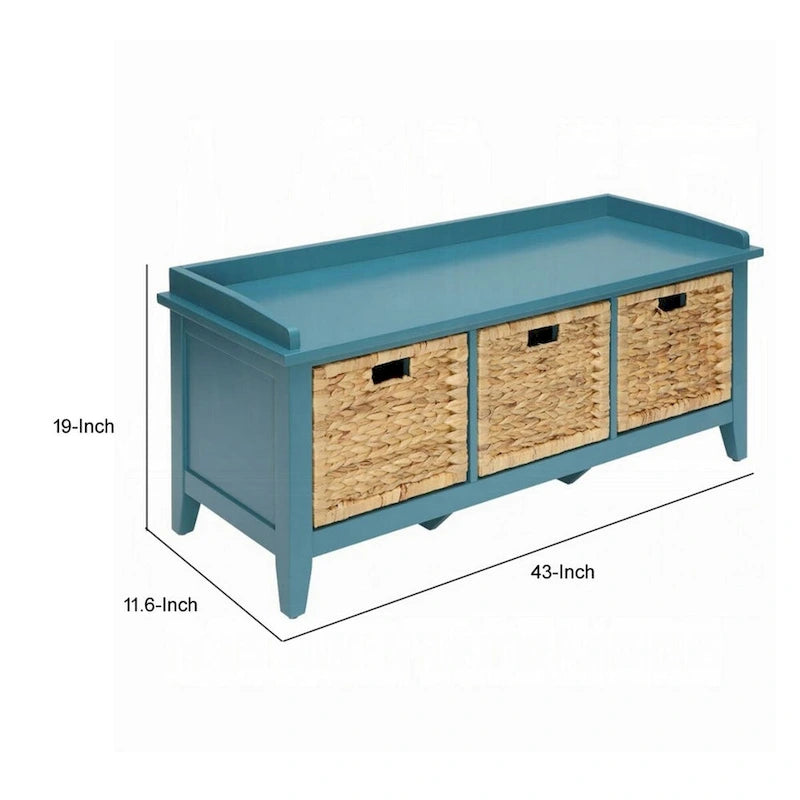Banc rectangulaire en bois avec panier de rangement, bleu
