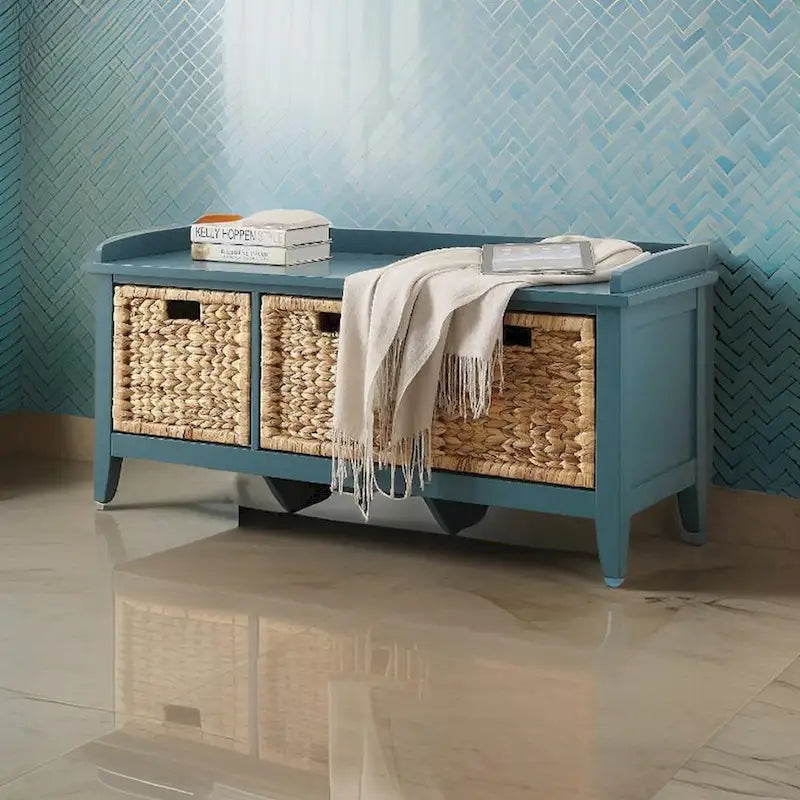 Banc rectangulaire en bois avec panier de rangement, bleu