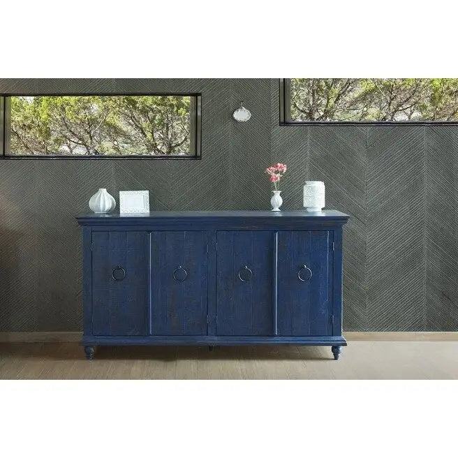 Buffet 4 portes en pin massif bleu – Style Ferme 185 cm, finition vieillie, poignées en fer forgé