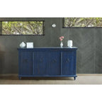 Buffet 4 portes en pin massif bleu – Style Ferme 185 cm, finition vieillie, poignées en fer forgé