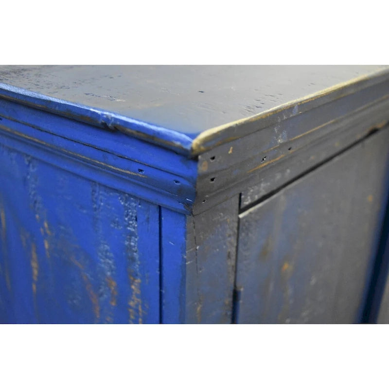 Buffet 4 portes en pin massif bleu – Style Ferme 185 cm, finition vieillie, poignées en fer forgé