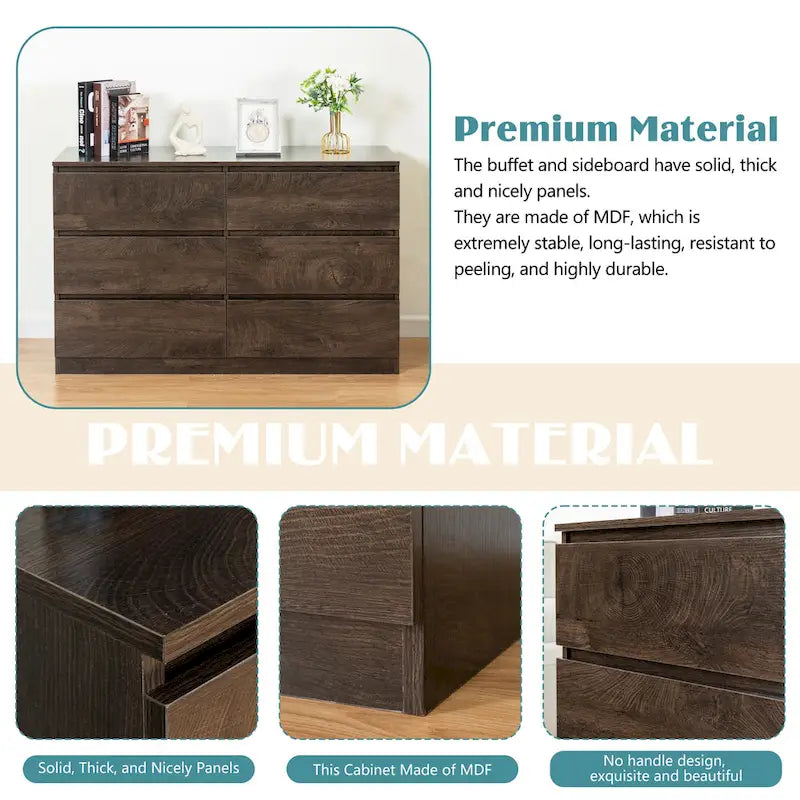 Bahut de bar à 6 tiroirs – Surface résistante aux rayures, 120 cm (L) x 77 cm (H), capacité de 50 kg