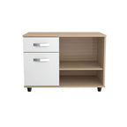 Office Console Table with Drawer & Open Shelves – Sand Oak Melamine, 31.5W