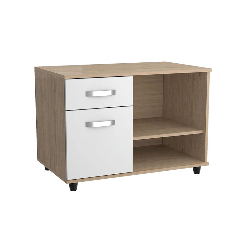 Office Console Table with Drawer & Open Shelves – Sand Oak Melamine, 31.5W
