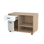 Office Console Table with Drawer & Open Shelves – Sand Oak Melamine, 31.5W