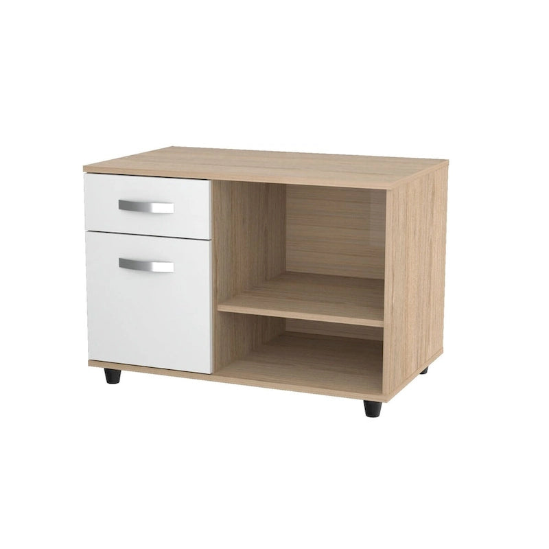 Office Console Table with Drawer & Open Shelves – Sand Oak Melamine, 31.5W