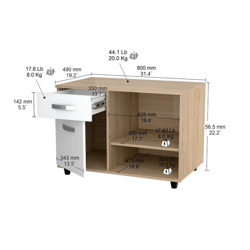 Office Console Table with Drawer & Open Shelves – Sand Oak Melamine, 31.5W